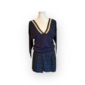 Massimo‎ Dutti Sz XS Deep V-Neck Navy Preppy Rugby Sweater Made in Spain | Italy